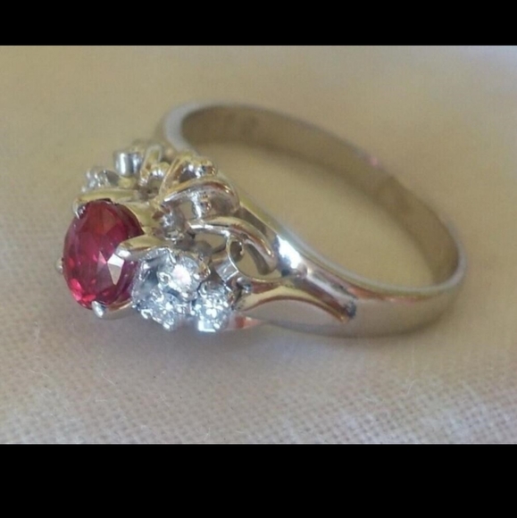 Platinum Natural Ruby Diamond Halo Ring - Picture 6 of 9